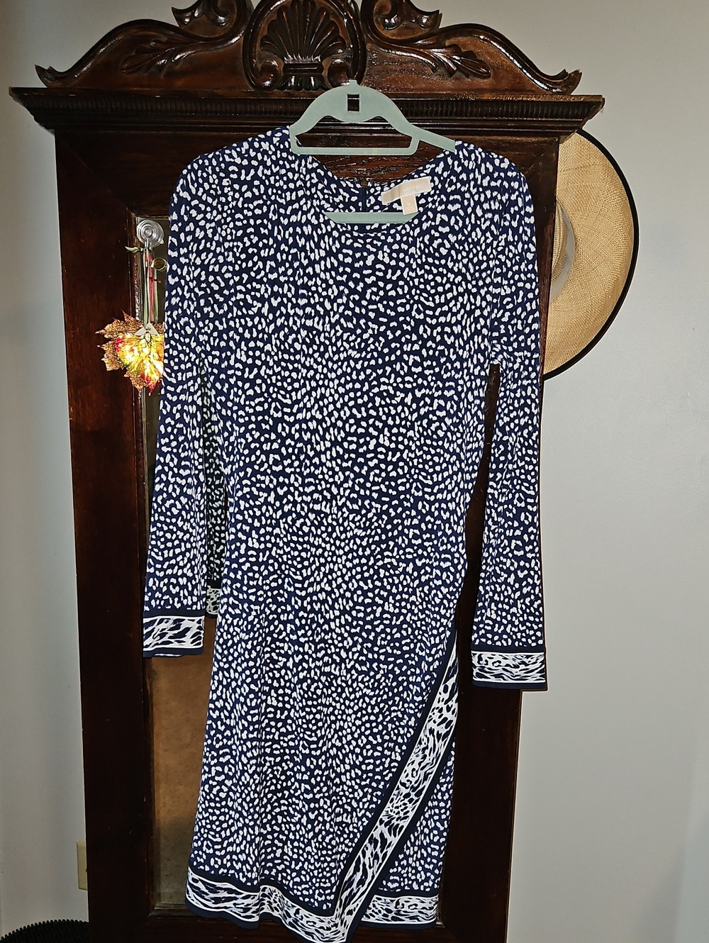 Michael Kors Navy and White Long Sleeve Printed Faux Wrap Dress
